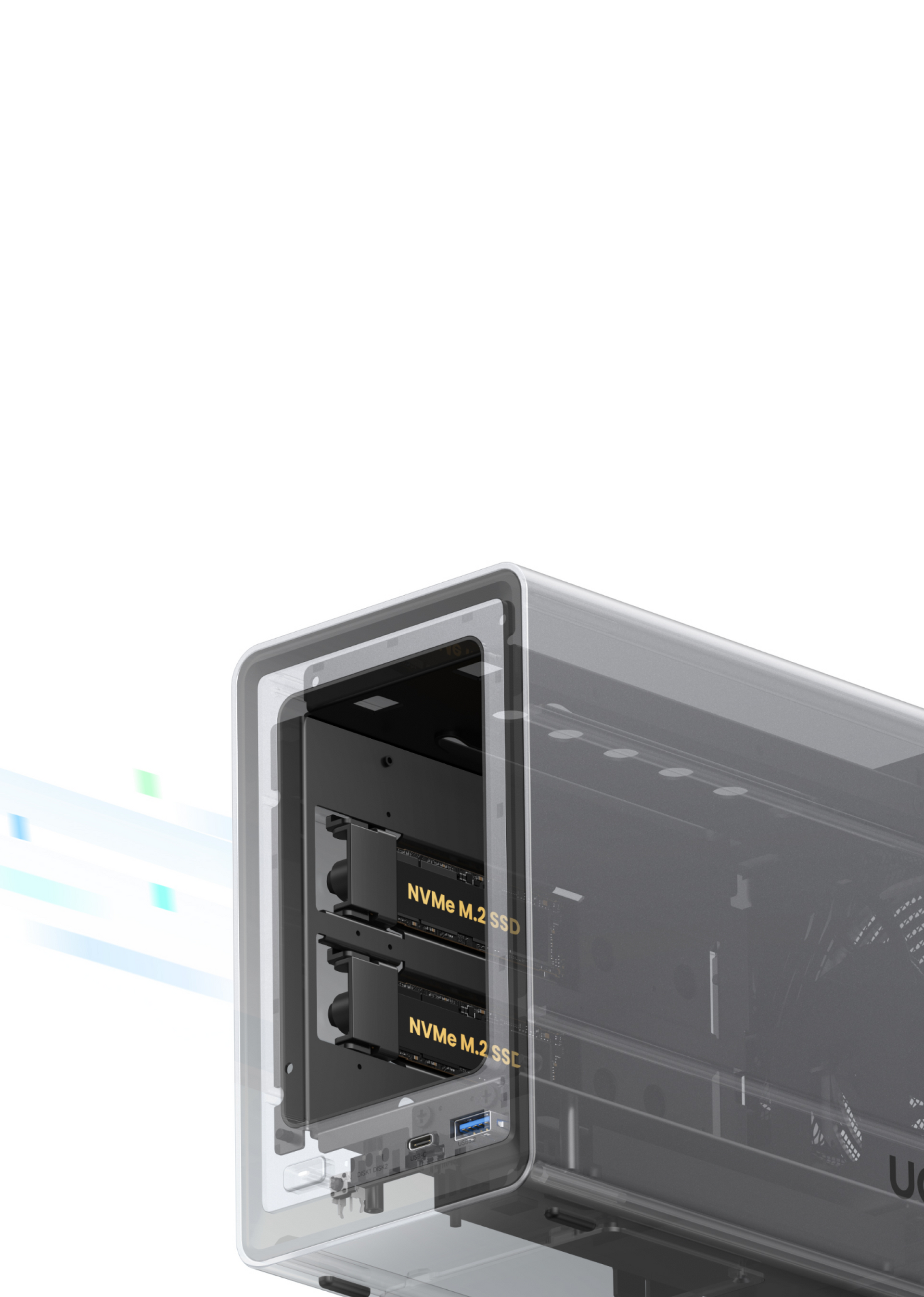 Le NASync est équipé de deux emplacements M.2 NVMe pour SSD, augmentant considérablement les vitesses de lecture et d'écriture pour des performances accrues.