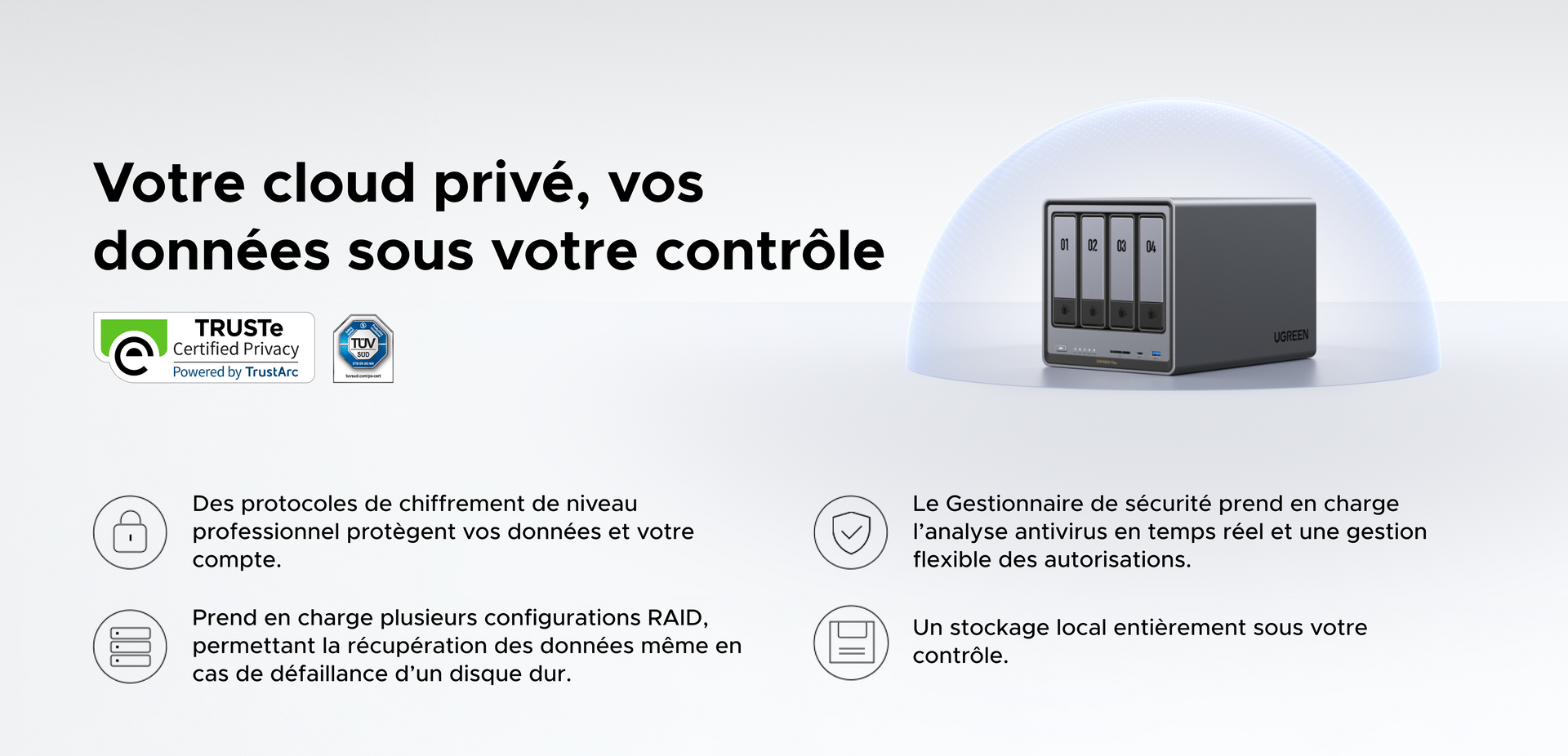 NAS UGREEN cloud privé avec chiffrement professionnel, gestion RAID, antivirus en temps réel et certifications TRUSTe et TÜV SÜD pour un stockage sécurisé et sous contrôle