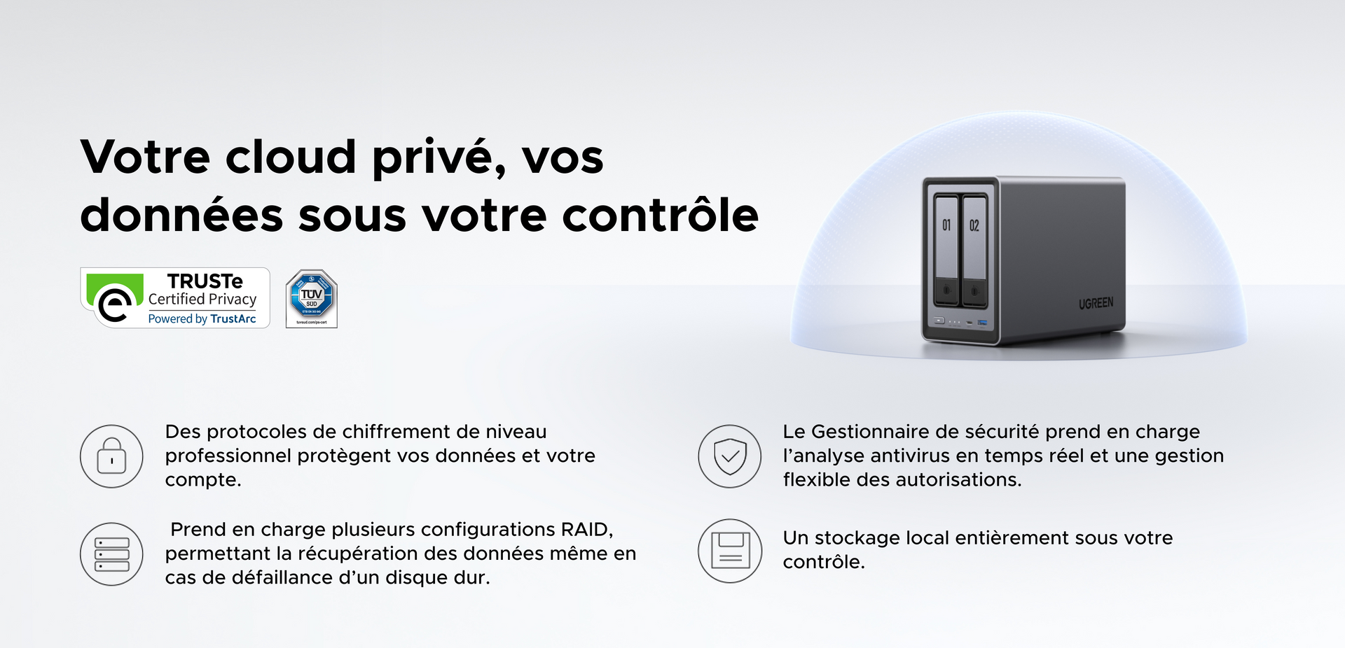 NAS UGREEN cloud privé avec chiffrement professionnel, gestion RAID, antivirus en temps réel et certifications TRUSTe et TÜV SÜD pour un stockage sécurisé et sous contrôle