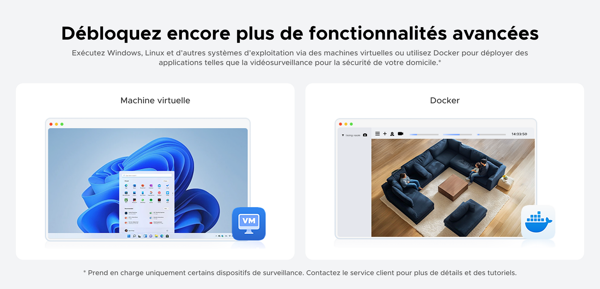 Fonctionnalités avancées du NAS UGREEN avec support des machines virtuelles Windows et Linux et compatibilité Docker pour exécuter des applications comme la vidéosurveillance