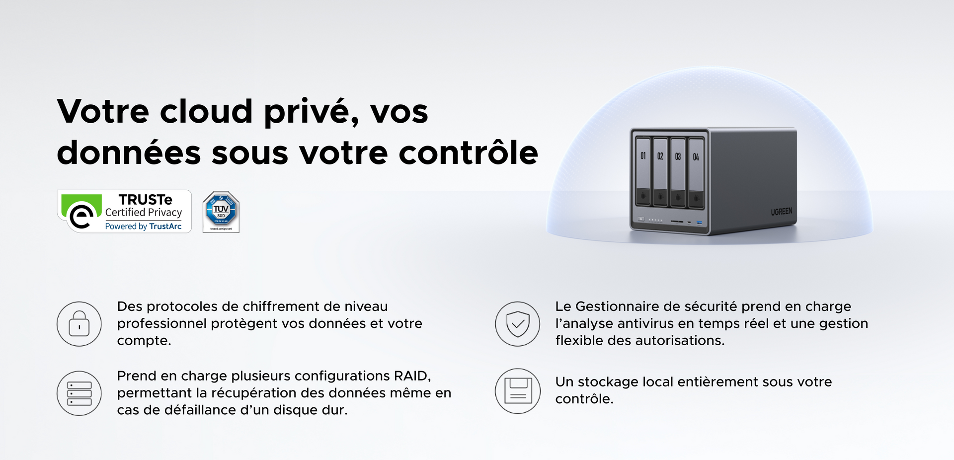 NAS UGREEN cloud privé avec chiffrement professionnel, gestion RAID, antivirus en temps réel et certifications TRUSTe et TÜV SÜD pour un stockage sécurisé et sous contrôle