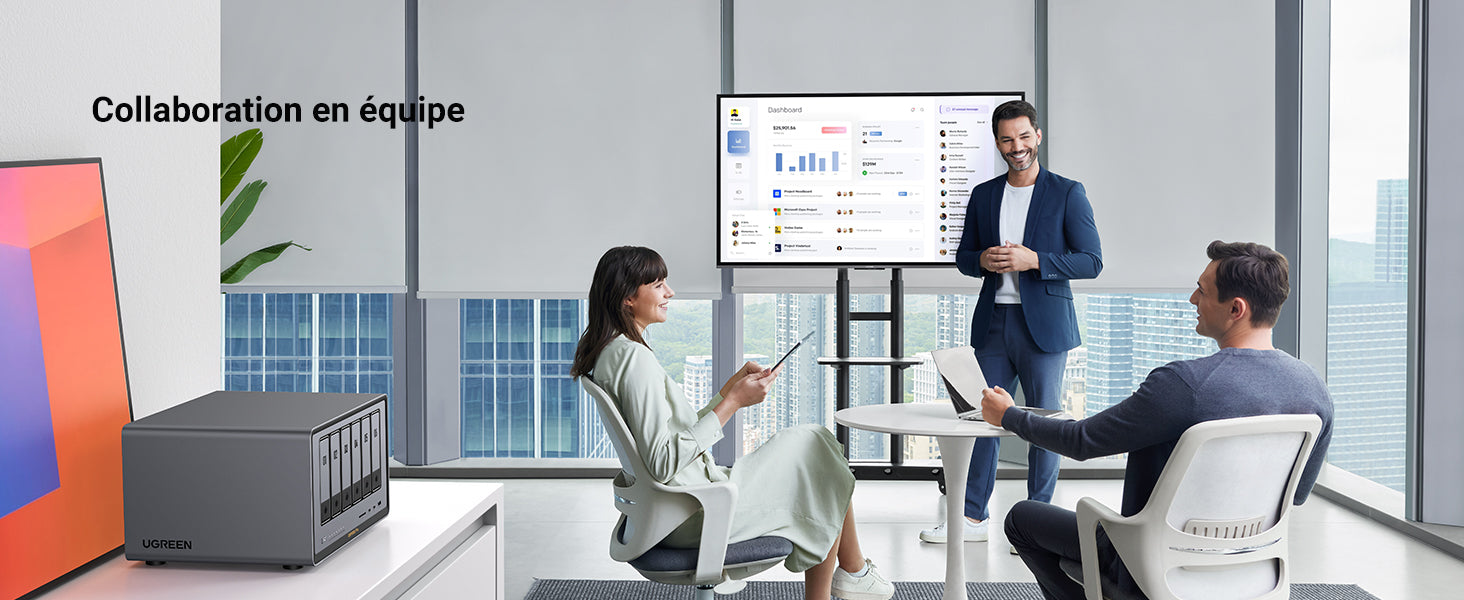 Collaboration en équipe avec le NAS UGREEN DXP6800 Pro, facilitant le partage et la gestion centralisée des données professionnelles