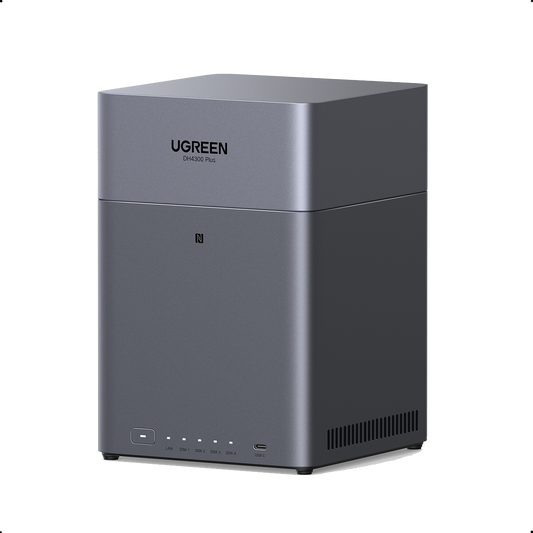 Serveur NAS UGREEN NASync DH4300 Plus – 4 baies 120 To, connectivité NFC, design vertical gris aluminium