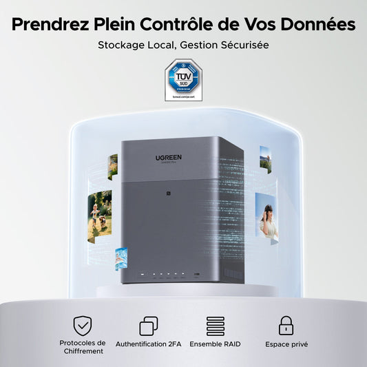 NAS UGREEN NASync DH4300 Plus – stockage local sécurisé avec chiffrement, authentification 2FA, ensemble RAID et certification TÜV SÜD pour une protection totale des données