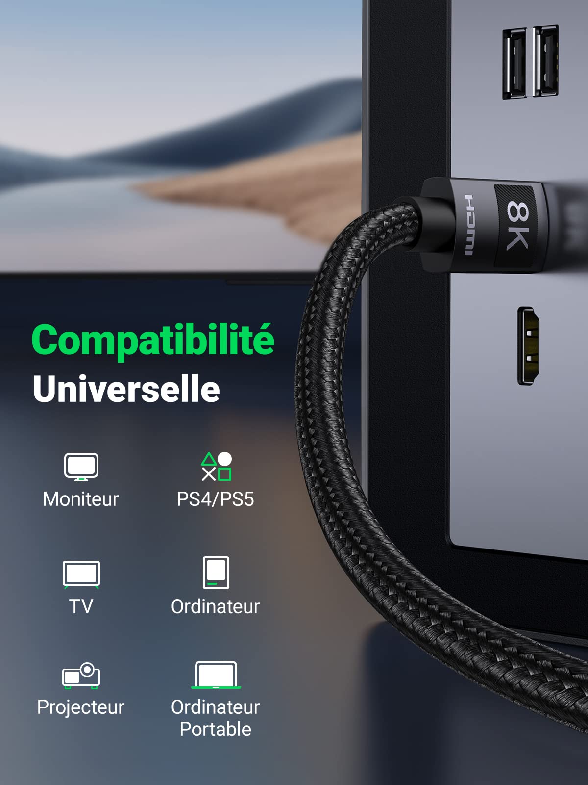 UGREEN Câble HDMI 2.1 8K 60Hz 4K 120Hz UHD Haute Vitesse 48 Gbps