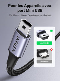UGREEN Cable Mini USB Nylon Tress Cable USB 2.0 Type A vers Mini B Coque en Aluminium - Pas vendu seul (3M)